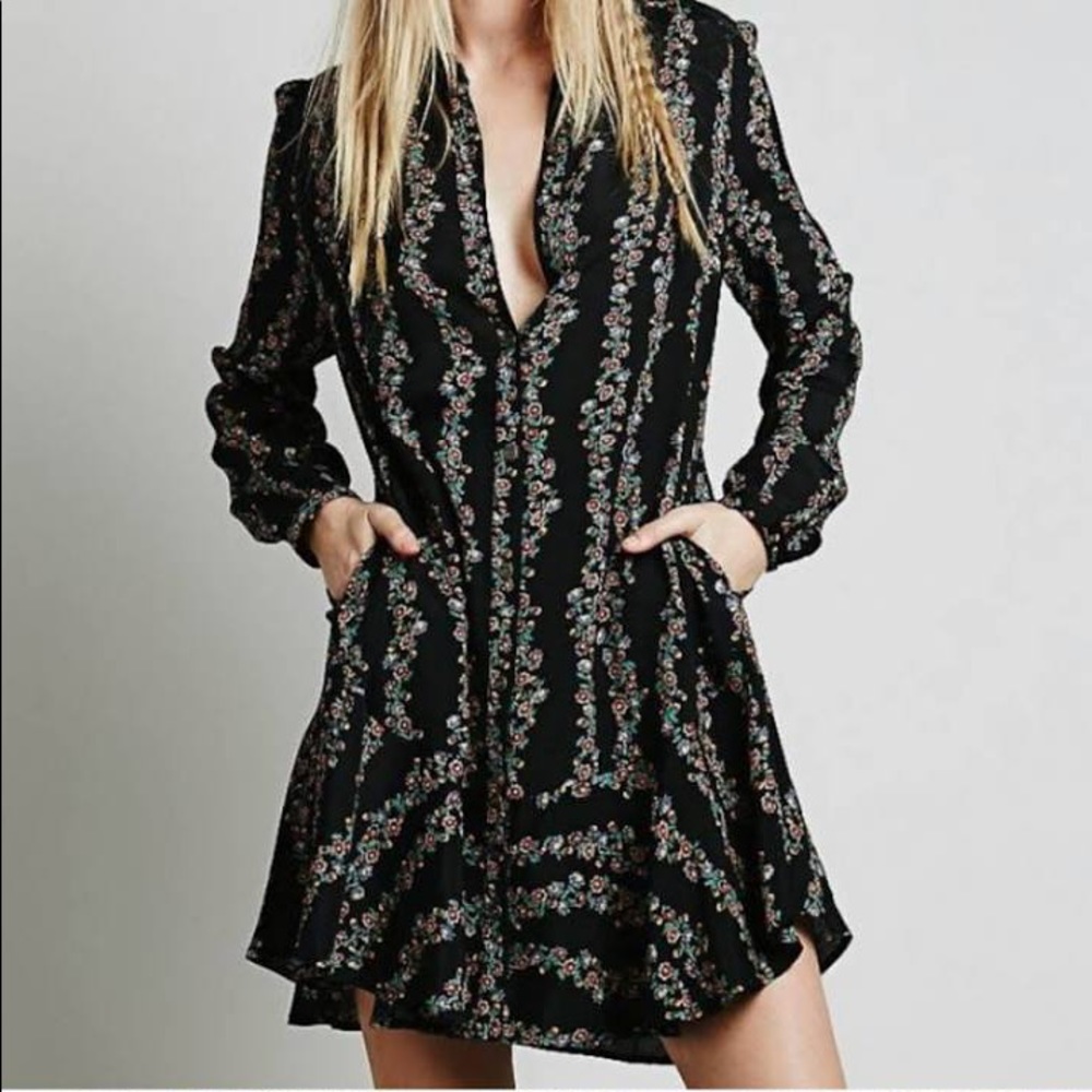 Free people long sleeve button down dress floral